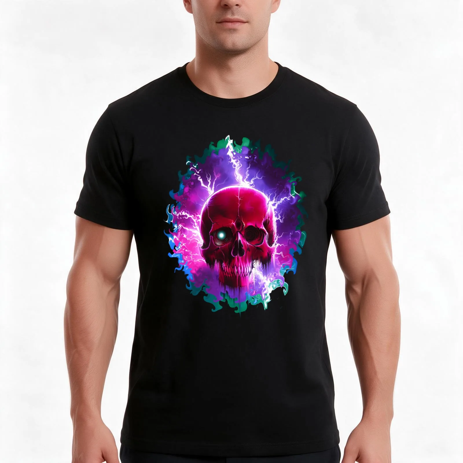 Electro Skull T-Shirt, Summer Casual Cotton Tee, Oversized Streetwear Tops, Vintage Graphic Print, Loose Fit Short Sleeve