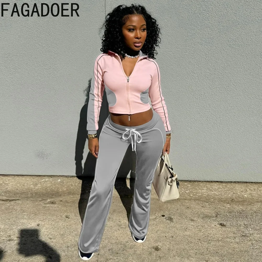 FAGADOER Spring 2025 New 2 Piece Sets Women Outfit Casual Color Blocks Zip Crop Top + Drawstring Pants Suits Streetwear Clothing