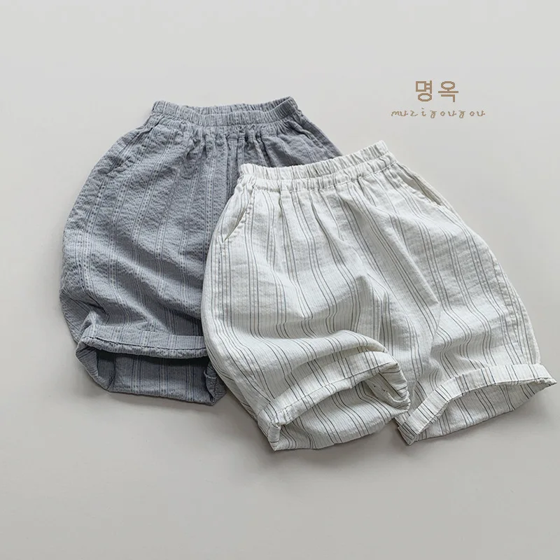 

HZMY-Children's Lightweight Vertical Striped Cropped Pants Boys and Girls Summer New Japanese Leisure Pants Outer Wear Anti Mosq