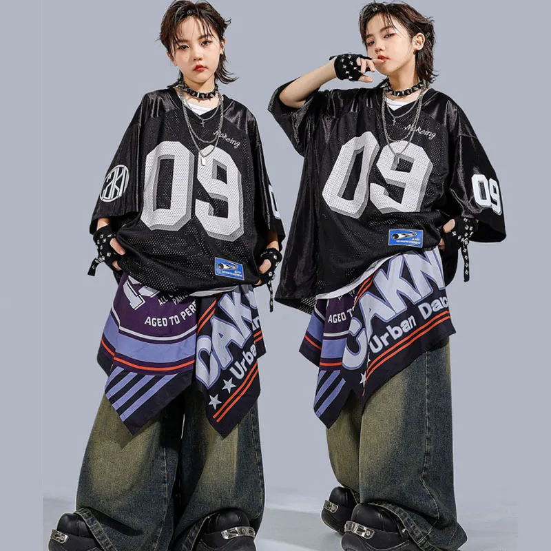 Boys Hip Hop Number Tshirt Denim Joggers Pants Girls K-pop Street Dance Costumes Kids Jazz Clothes Sets Children Streetwear