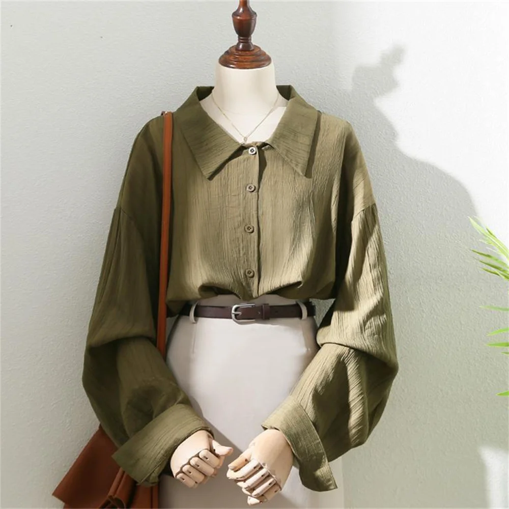 

Korean 2025 Vintage Long Sleeve Shirt Women Elegant Green Design Fashion Oversize Top Office Lady Turn Down Collar Casual Blouse
