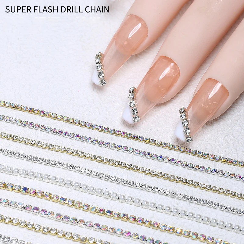 

25cm Long Luxury Crystal Pearl Chain Nail Charms 1.5/2mm Shining Clear Diamond Nail Art Metal Glass Manicure Crystal Nail Charm