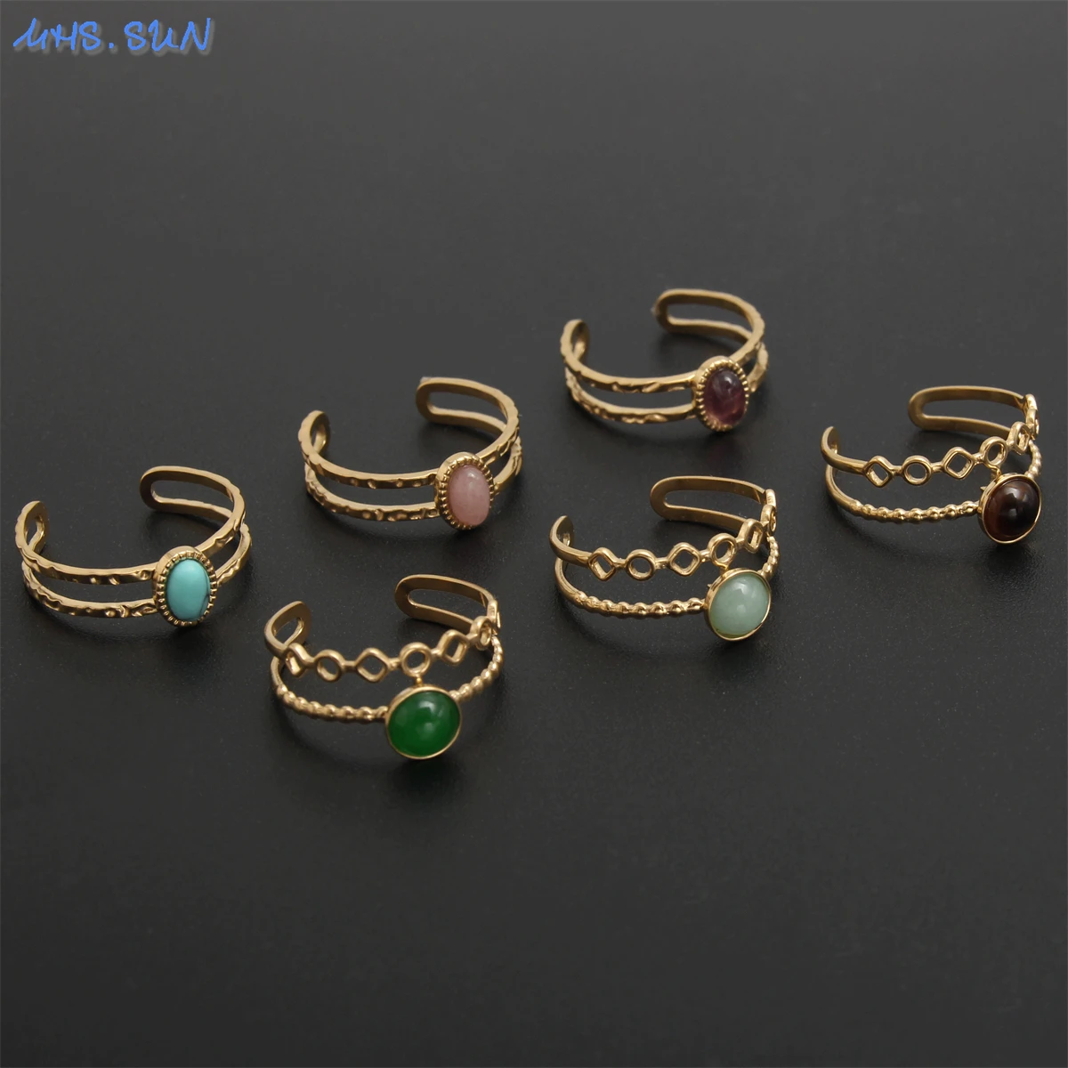 MHS.SUN Luxury Gold Plated Semi-Precious Natural Stone Ring For Girls Stainless Steel Women Boho Cute Birthday Gift Jewelry