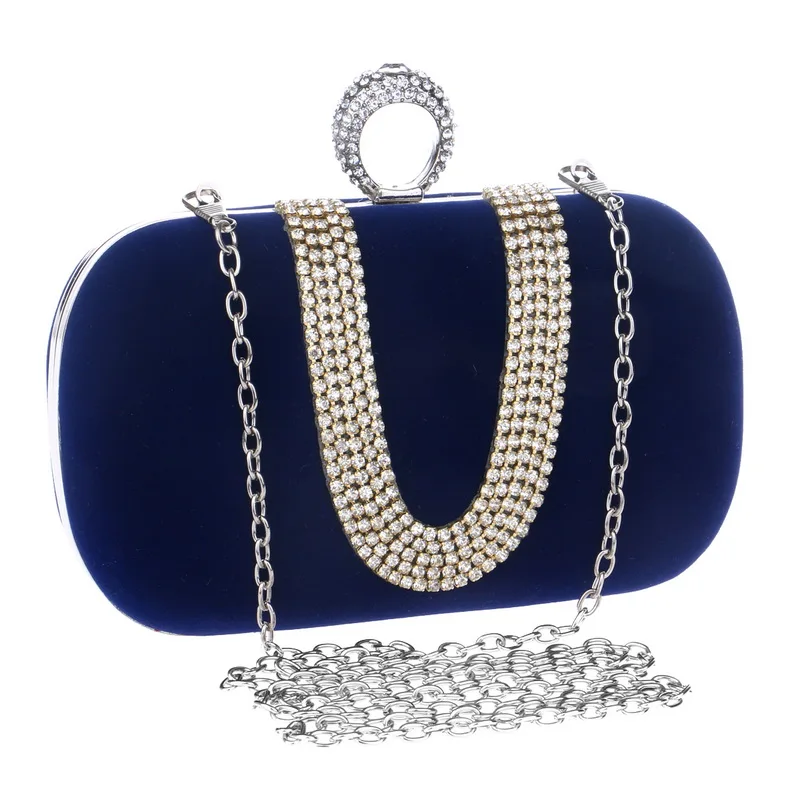 Finger Ring Luxury Day Clutch Diamonds Velvet Party Evening Bags U Design Fashion Shoulder Chain Handbags Purse