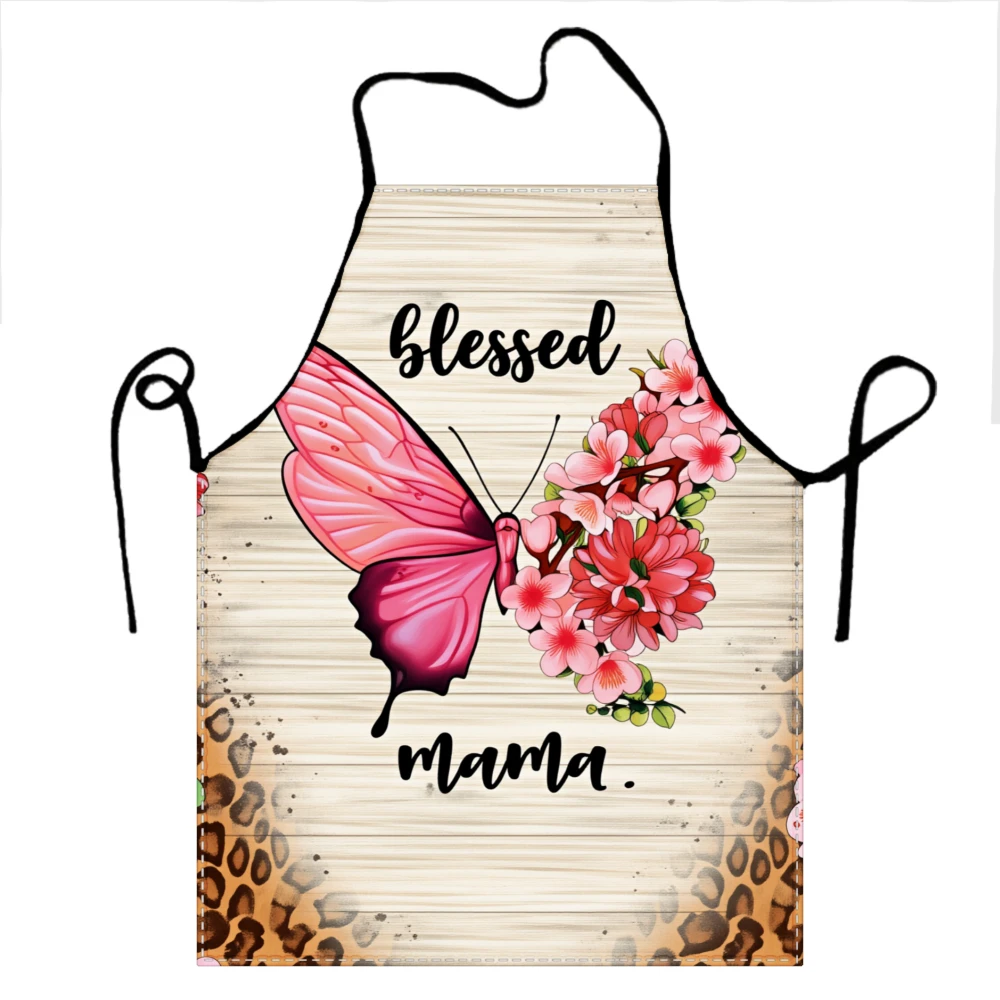 Blessed Mama Apron With Pink Butterfly And Flowers Design For Women Kitchen Cooking Gift