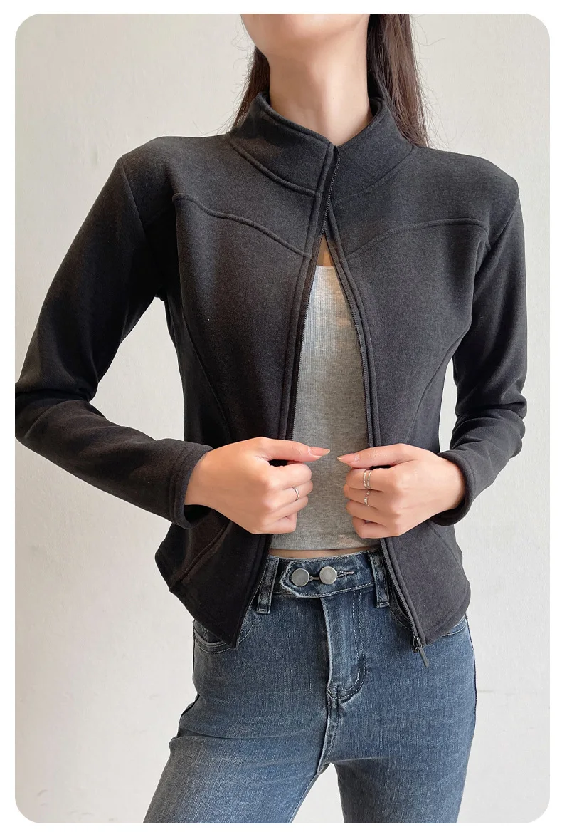 Women's Slim Fit Fleece Lined Short Sweatshirt Jacket Autumn Winter Thick Warm Zipper Jackets Woman Solid Stand Collar Yoga Wear