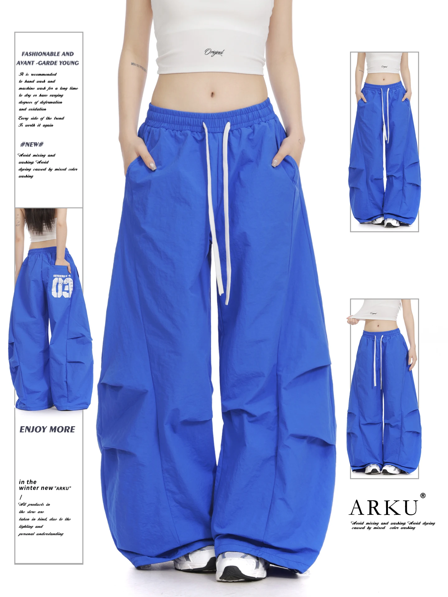 

American Retro Print Soldier Work Pants Women's Loose Wrinkle Versatile Wide Leg Casual Trousers Comfortable All-Match