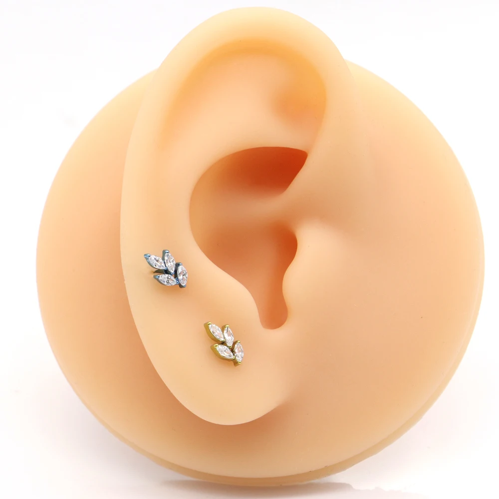 F136 5A Cubic Zircon Inner Threaded Cochlear Nails Horse Eye Leaf Earrings Titanium Piercing Jewelry Ear Bone Studs