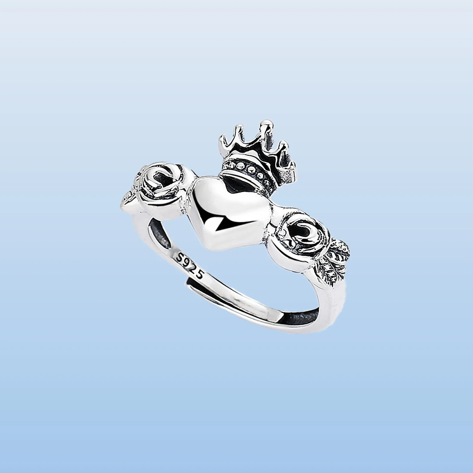 Heart and Crown Vintage Rose Sterling Silver 925 Ring Resizable for Women Girls Irish Claddagh