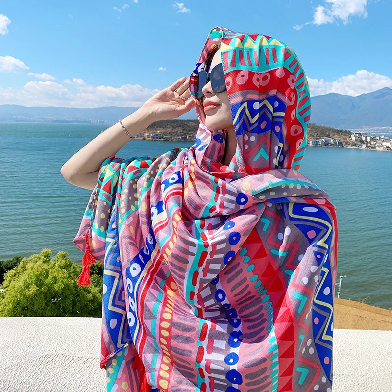 

Весенне-летний хлопково-льняной шарф оверсайз с этническим принтом, подходит для отдыха на море, пляжная накидка.