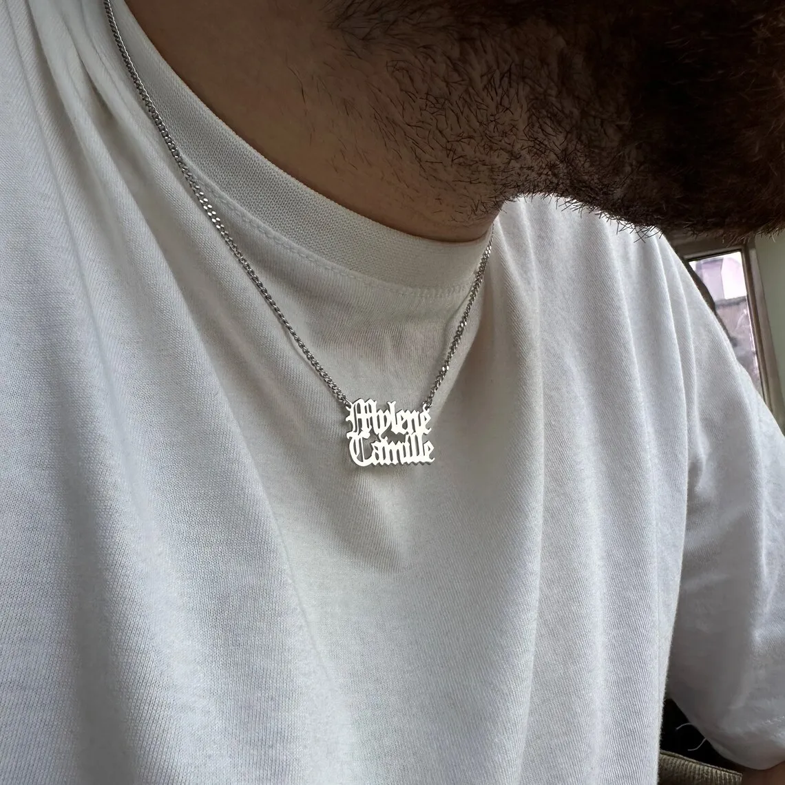 

Custom Silver Color Couple Name Necklace Women Men Jewelry Stainless Steel Cuban Chain Old English Nameplate Pendant Necklace
