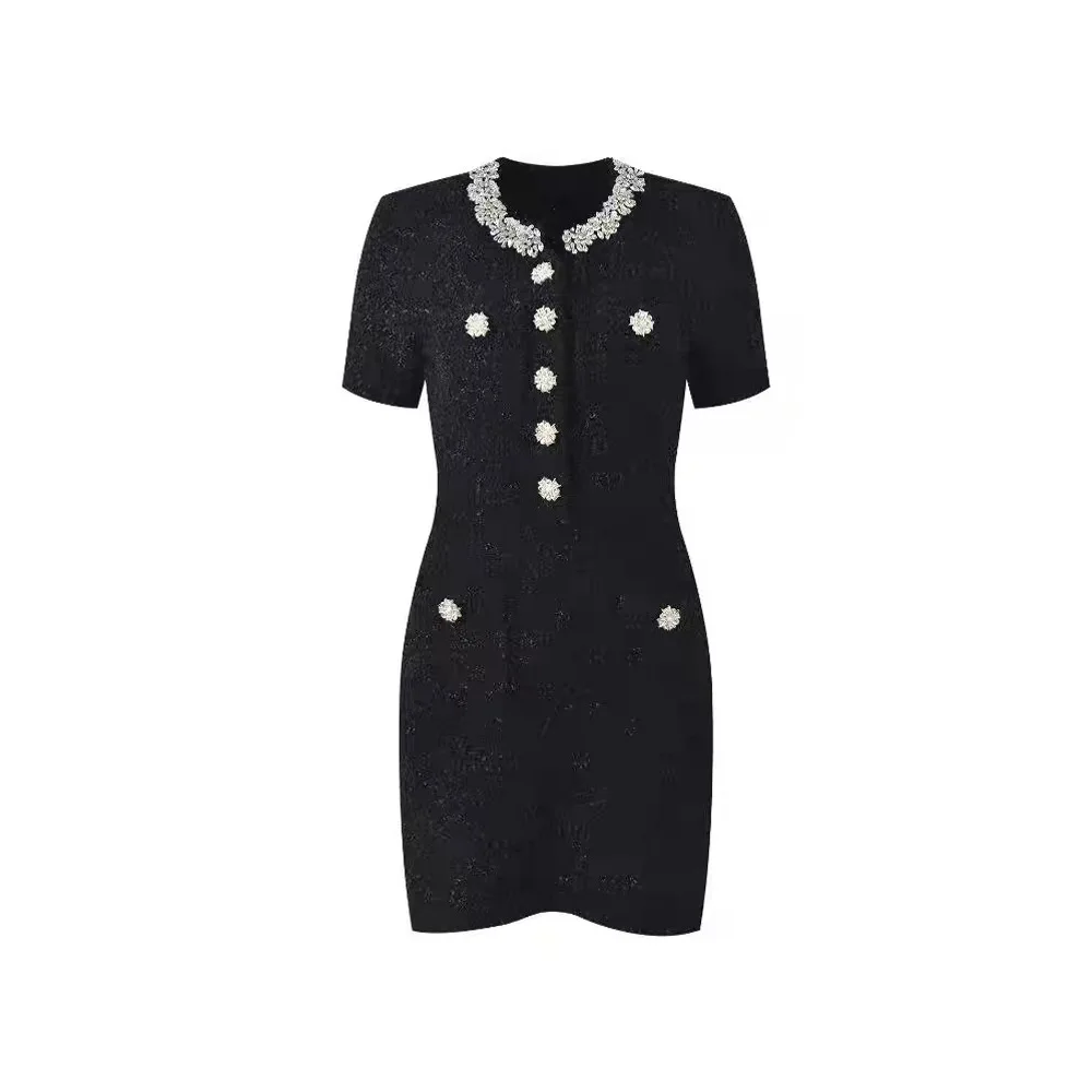 

Women's black knitted waist dress short sleeve evening birthday party mini dress