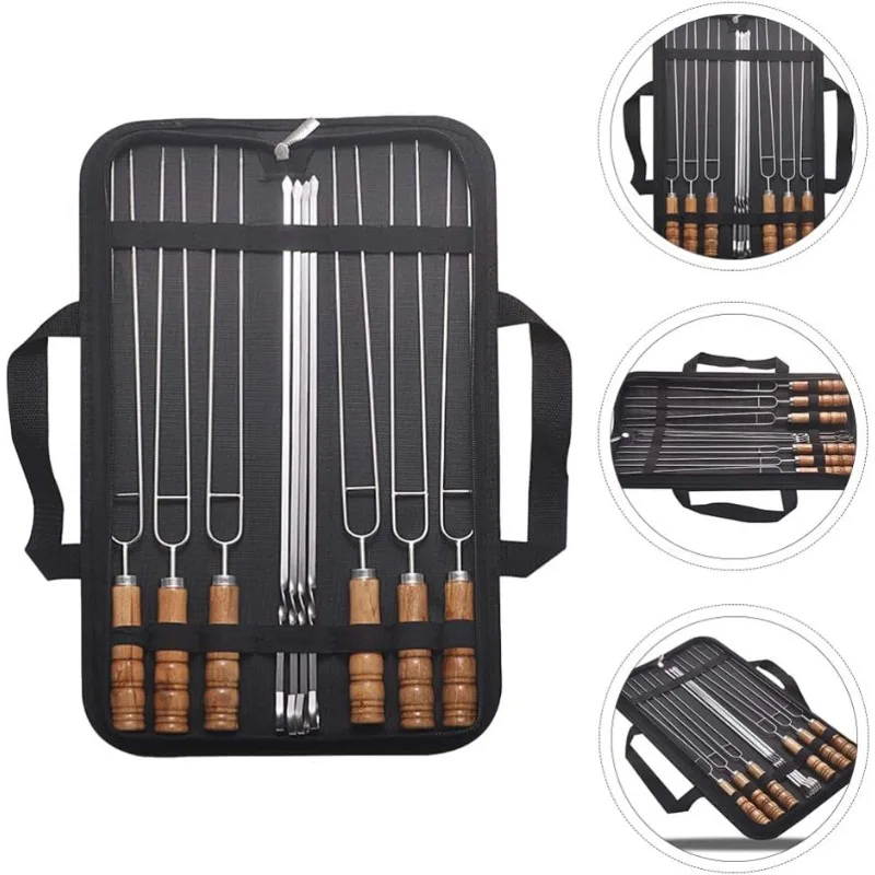 Palo de barbacoa, tenedor plano para barbacoa, brochetas de barbacoa de acero inoxidable, bolsa de almacenamiento de herramientas para barbacoa, accesorios para barbacoa de Picnic y acampada