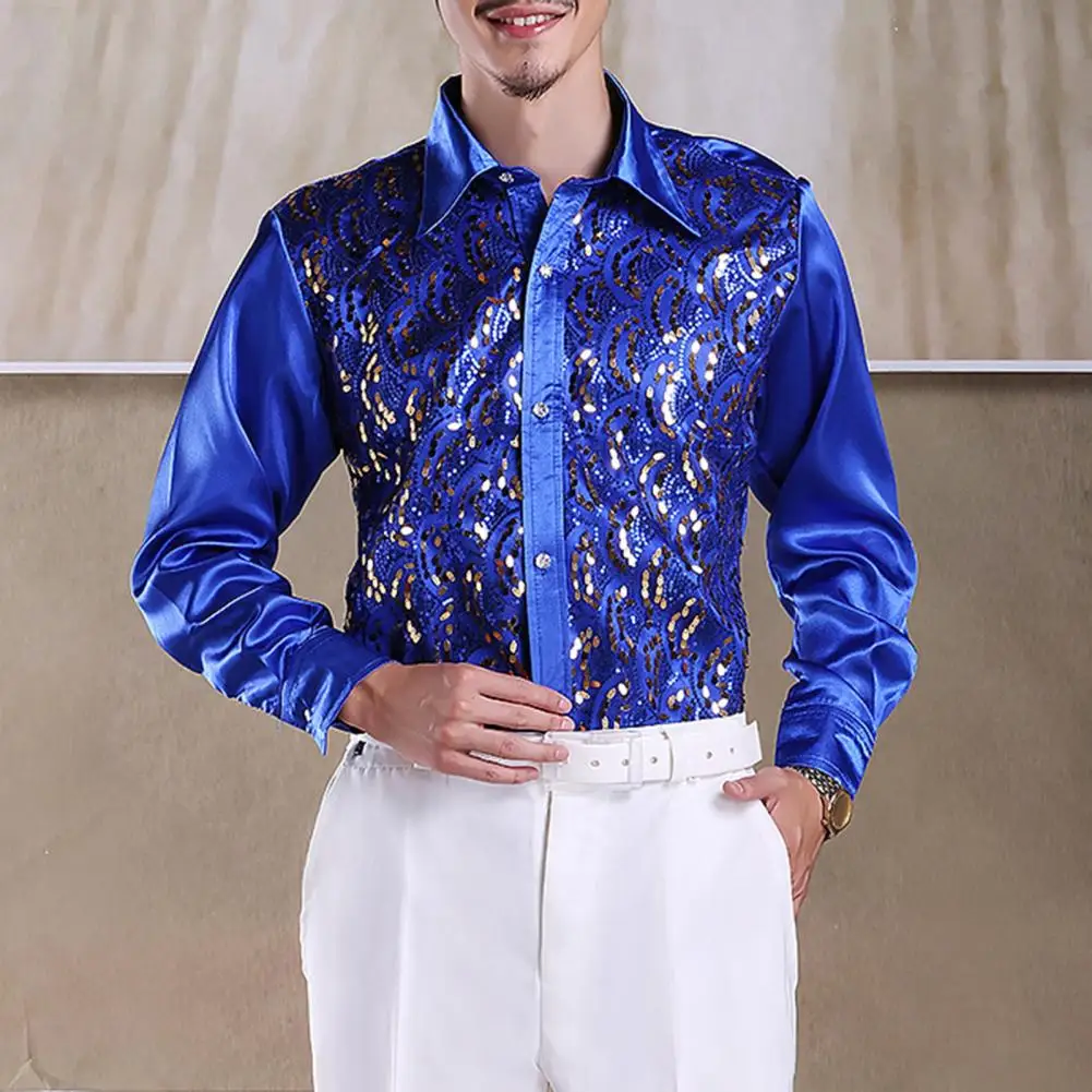 

Luxury Sequins Men Shirt Performance Costumes Adult Dance Long Sleeved Shirts Glitter Nightclub Shirt Men Party Stage Prom Shirt