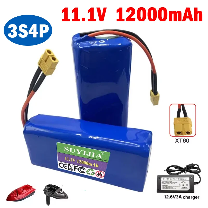 

11.1V/12V 12000mAh Battery Original 18650 3S4P Lithium-ion Battery Pack W/BMS for fishing Bait Boat Speaker Backup Power Supply