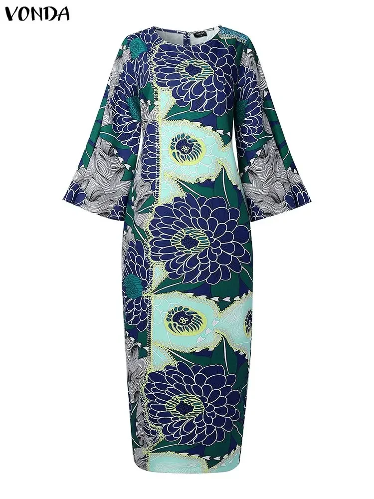 VONDA Women Bohemian Maxi Dresses Fashion Vintage Floral Print Long Vestidos 2025 Autumn Casual Holiday Party Robe Plus Size 5XL