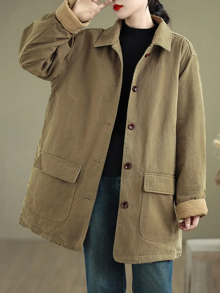 

plus Size Cotton Flannel Shirt Jacket Women's Winter Thickened Collar Workwear Coat Medium Length Button up Pure Color