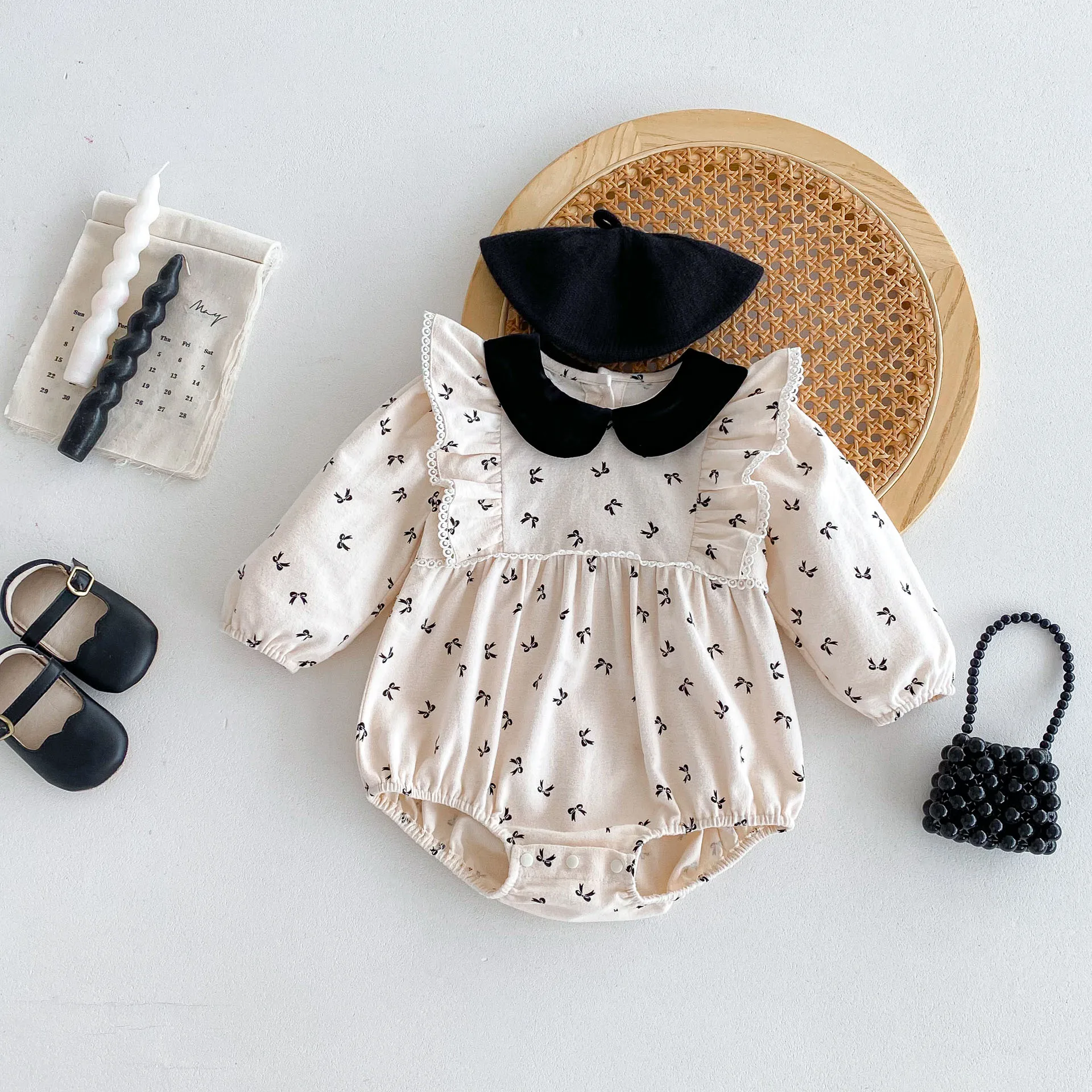 Newborn Girls Clothes Baby Bodysuit 2024 Autumn New Infant Girl Bow Onesies Toddler Peter Pan Collar Long Sleeve One Pieces