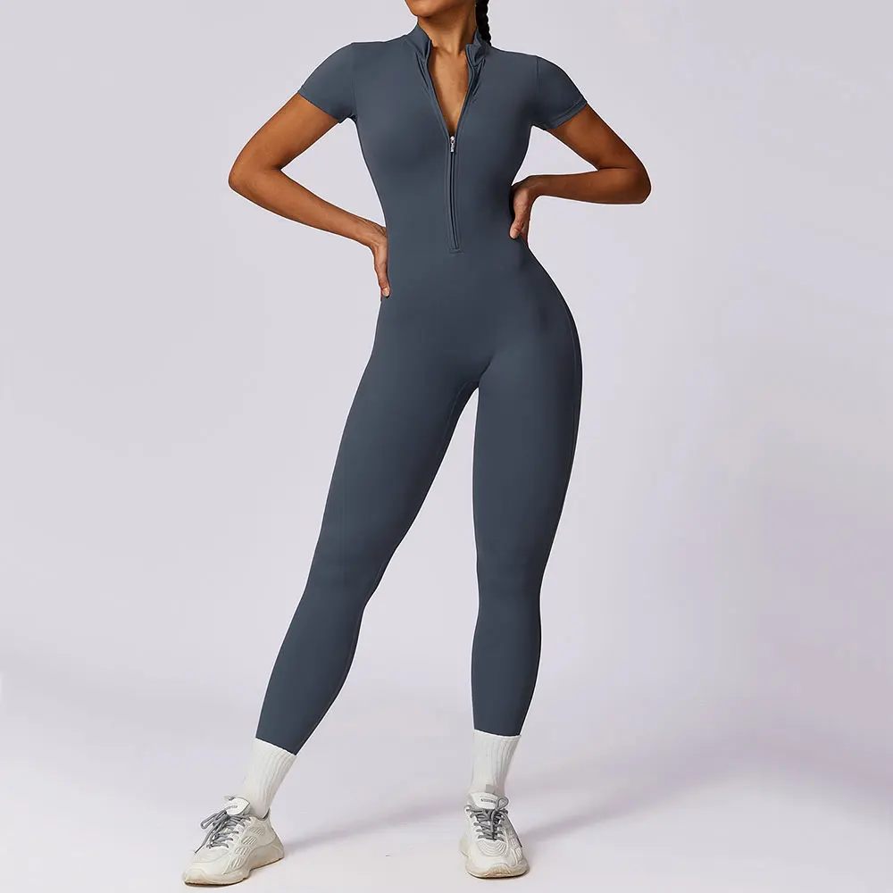 Conjunto de Yoga deportivo para mujer, monos de Yoga, chándal de una pieza con cremallera, ropa de gimnasio de manga corta, ropa deportiva de