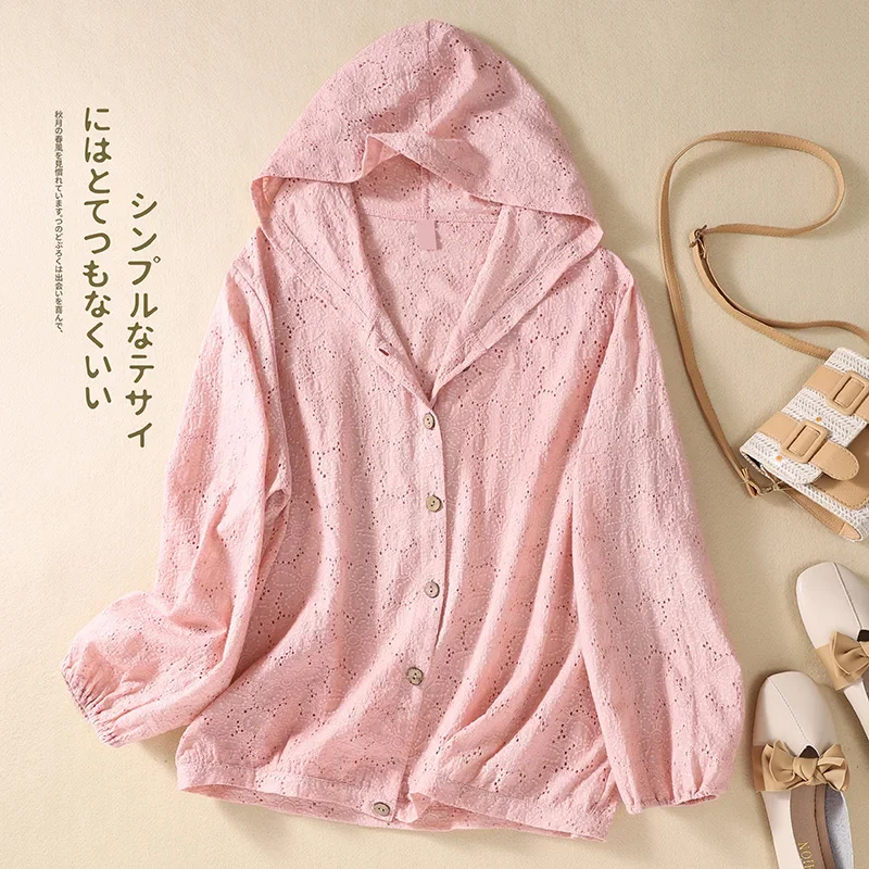 2225 Summer Fashion Women's Premium Cotton Hollowed Out Long Sleeve Hooded Sun-protection Shirt Female Simple Sun-proof Clothing