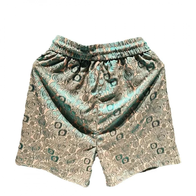 Calça fina recortada de seda gelo masculina, estampada vintage, perna reta, cinco calças, solta, shorts casuais, verão da moda