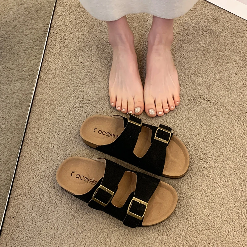 Летние массивные сандалии, женские тапочки, модные Нубуковые туфли Birkenstock, женские пробковые тапочки, повседневные пляжные Нескользящие шлепанцы с двойной пряжкой