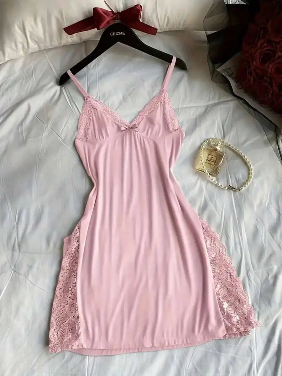 

Pink Lace Trimmed Spaghetti Strap Slip Dress Sleepwear