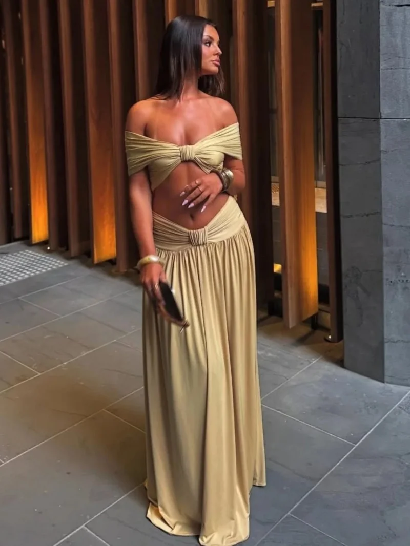 

Сексуальные комплекты из двух предметов для женщин: летняя одежда, топы-бандо и длинные юбки с драпировкой, костюмы для отпуска и пляжа, комплекты из двух частей