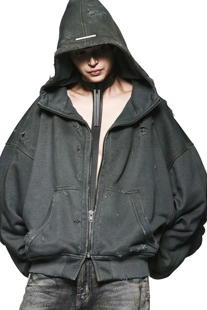 2026 LA Vintage gradient dirty-dyed distressed Women Men zip-up hoodie metal tag Heavy Cotton Men Oversized Hoodie Pullover