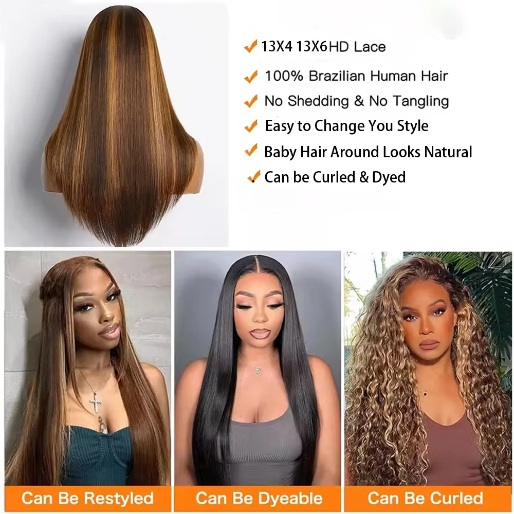 Wig Rambut Manusia Renda Depan 13X6 Wig Rambut Manusia Berwarna Sorot Wig Lurus Rambut Manusia untuk Wanita Kulit Hitam dengan Rambut Bayi