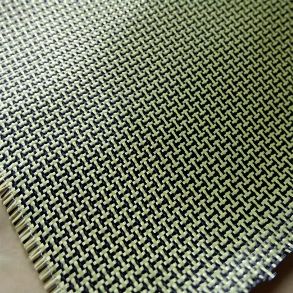 

Ткань гибридная из кевлара и углеродного волокна 1100D/3K, 200 г/м², желтая, рулон 100 см шириной