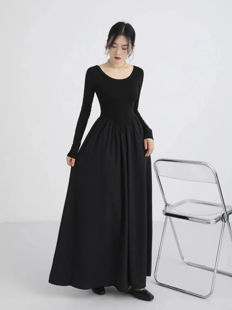 

2024 New Waist Cinching Slimming Temperament Long Skirt Autumn Simple Daily Patchwork Long Sleeved Dress