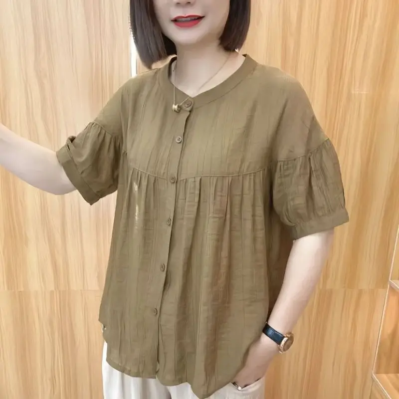 Fashion Shirt Women's 2023 Summer New Short Sleeve Casual Loose Solid Blouse Button Round Neck Folds Elegant Vintage Tops
