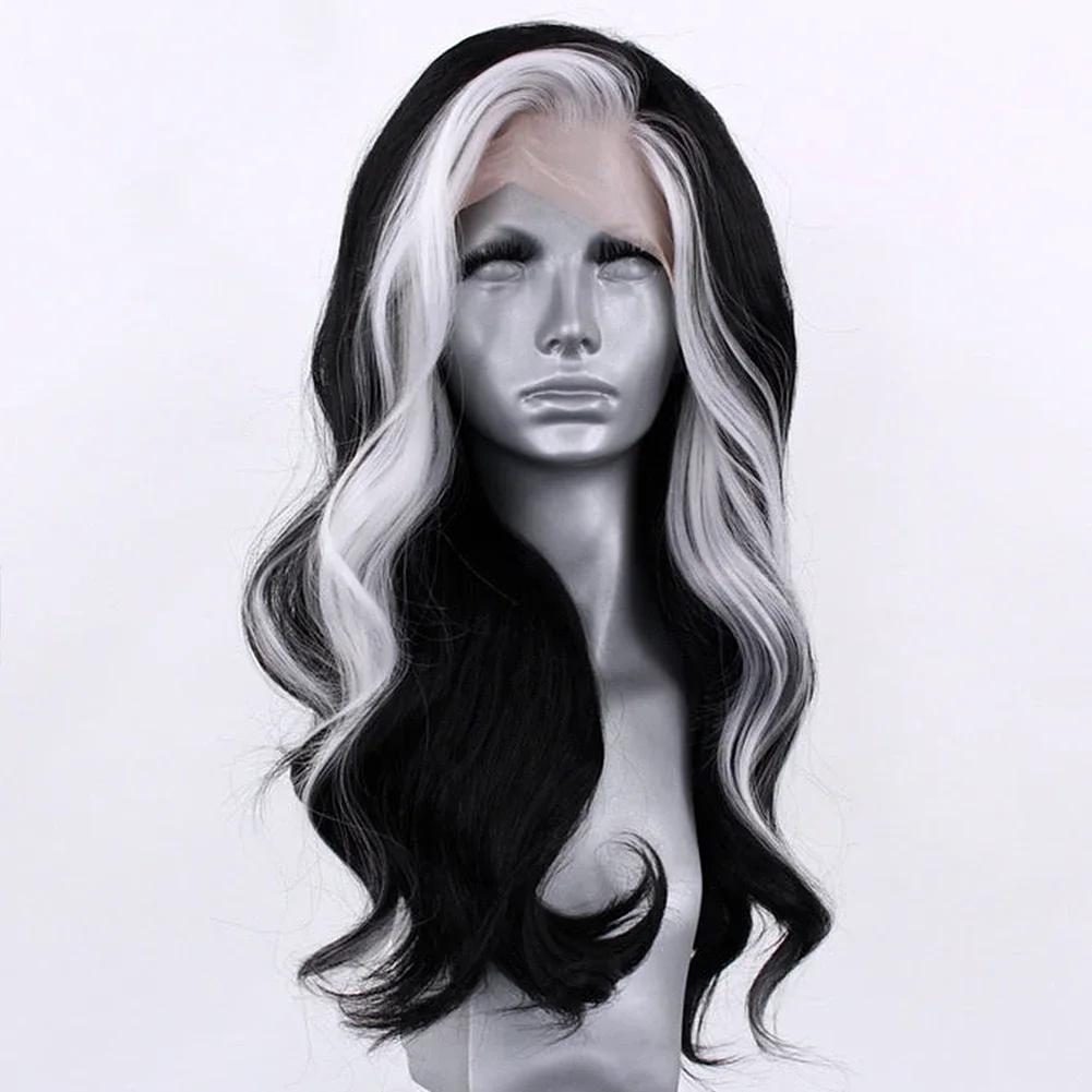 Long Highlight Wig 13X4 Synthetic Lace Front Wig For Women Body Wave Lace Wigs White And Black Ombre Pre Plucked Cosplay Wig