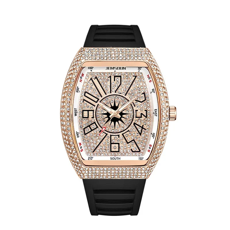 Tonneau Hot Selling Full Diamond Quartz Watch Hip Hop Iced Out Bling Men Fashion Silicone Strap Jewelry Luminous Wristwatch Gift