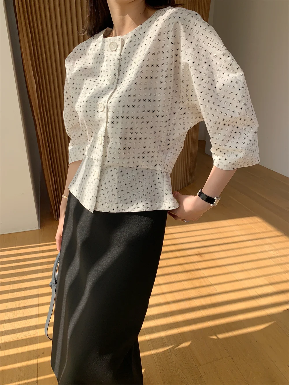 

Элегантный женский топ из смесового шелка с круглым вырезом и рукавом три четверти от Spring Faion Ele Aosphere