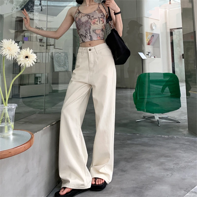 

ZOENOVA High Quality Off White Versatile Loose Straight Floor Length Women's Jeans Summer American Fashion Simple Wide Leg Pants