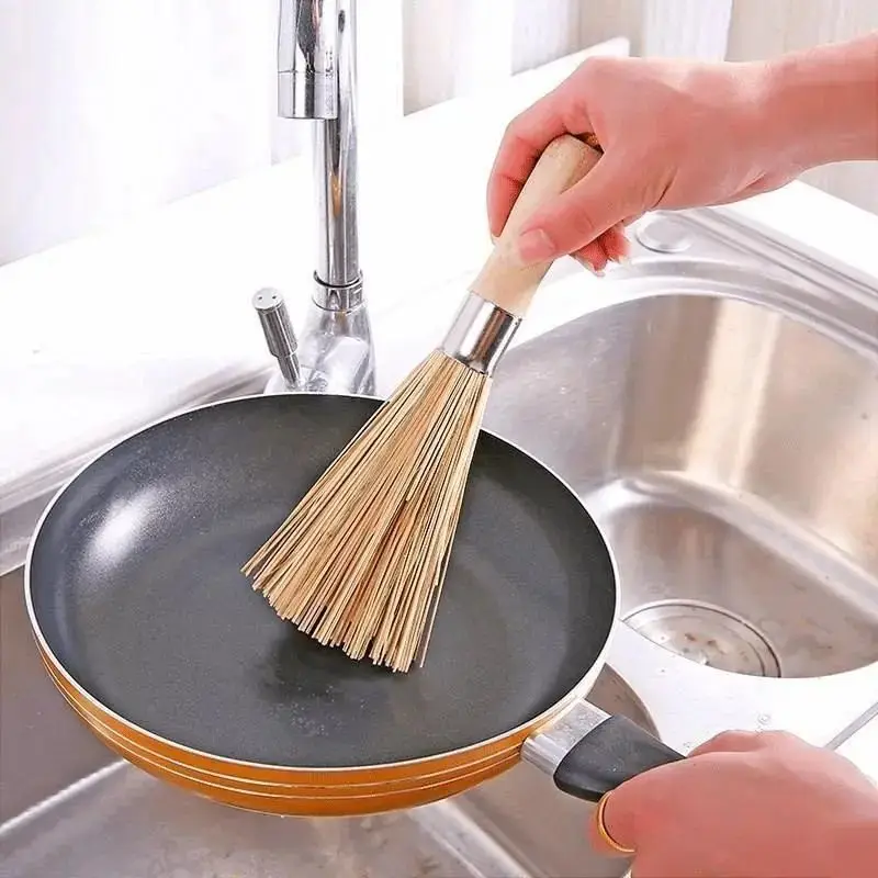 Cast Iron Wok Cleaning Whisk Dish Pan Scrubbing Kitchen Item Brushes For Dishes Bamboo Useful Multipurpose Pot Brush With Handle