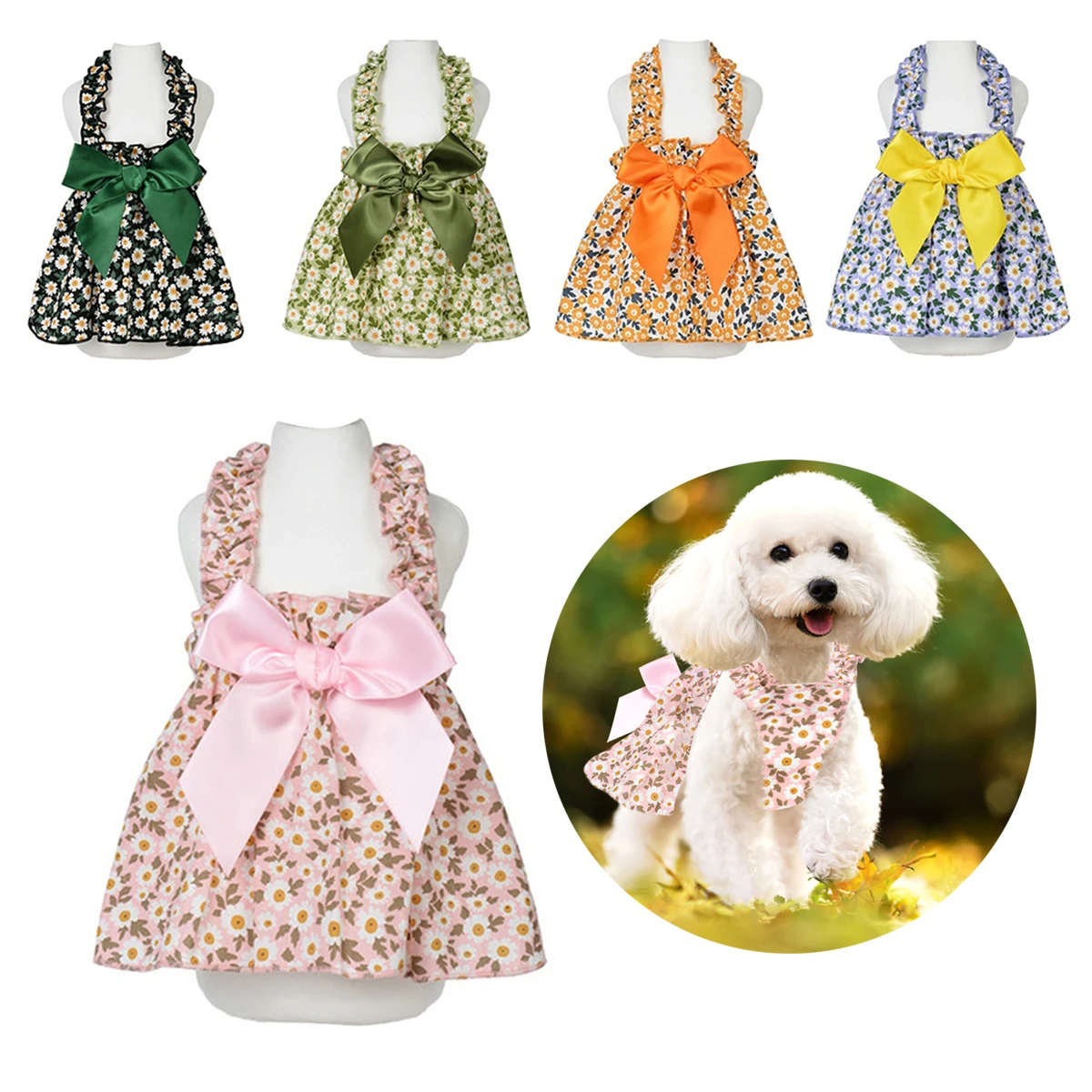 1Pc Puppy Cat Small Wrinkled Daisy Shoulder Dress Elastic Band Princess Dress Pet Cute Printed Thin Skirt Pet Supplies 5 Colors