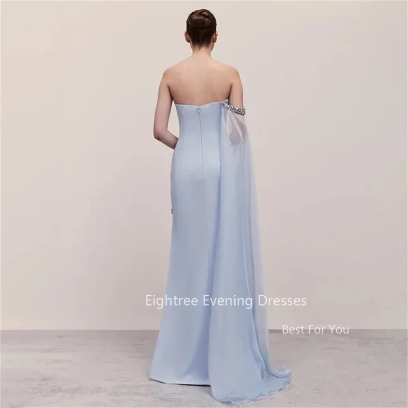 Eightree Formal Sky Blue Satin Mermaid One Shoulder Elegant Cap Sleeve Beaded Evening Dress Women\'s Party Gown with High Slit