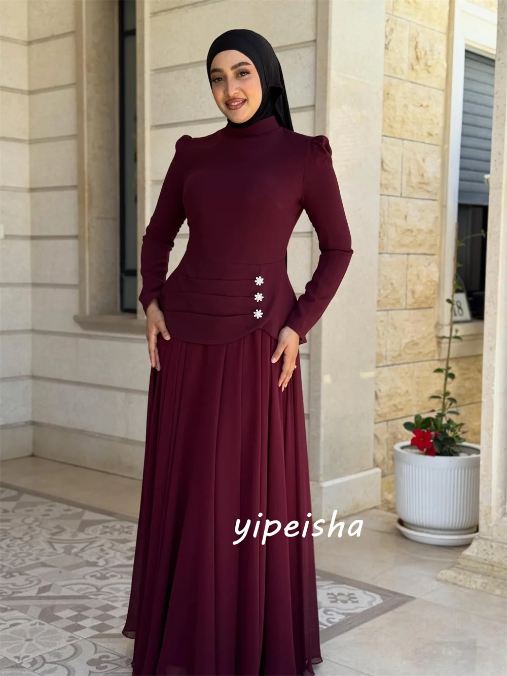 Customized Fashion Sizes Available Jersey Rhinestone Pleat A-line High Collar Floor-Length Evening Dresses For Birthday Party