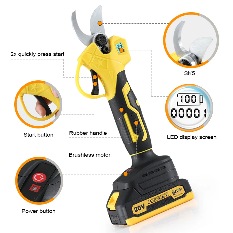 BABEQ 1500W Brushless Electric Pruner Shear 30mm Cordless Rechargeable Efficient Fruit Tree Bonsai Pruning Branches Cutter Tools