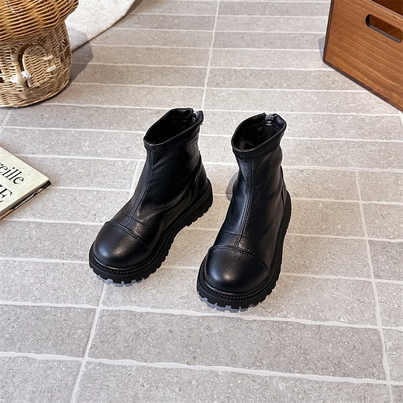 بسيطة الأطفال منصة أحذية قصيرة موضة جديدة الفتيات الأحذية الجلدية الكلاسيكية المدرسة عودة زيبر الاطفال حذاء من الجلد الأسود غير رسمي