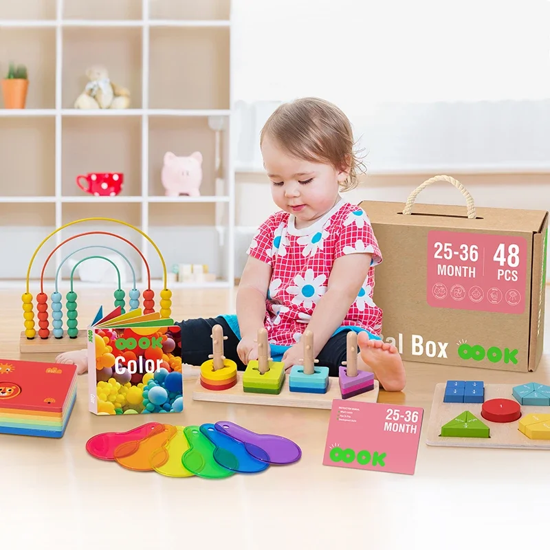 Caja educativa temprana, clasificador de formas cognitivas de Color de madera, juguetes, rompecabezas de fracción de ábaco arcoíris para niños de 25 a 36 meses