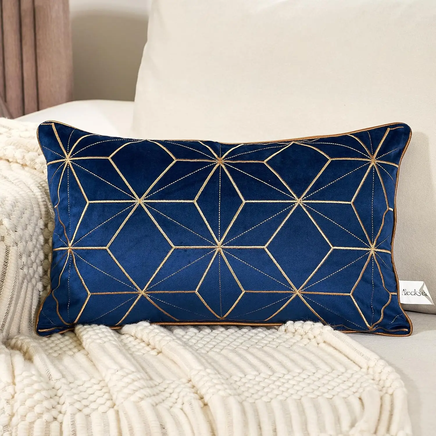 

12 X 20 H Navy Blue Gold Plaid Geometric Lines Embroidery Velvet Cushion Case Luxury Modern Rectangular Throw Pillow Cover