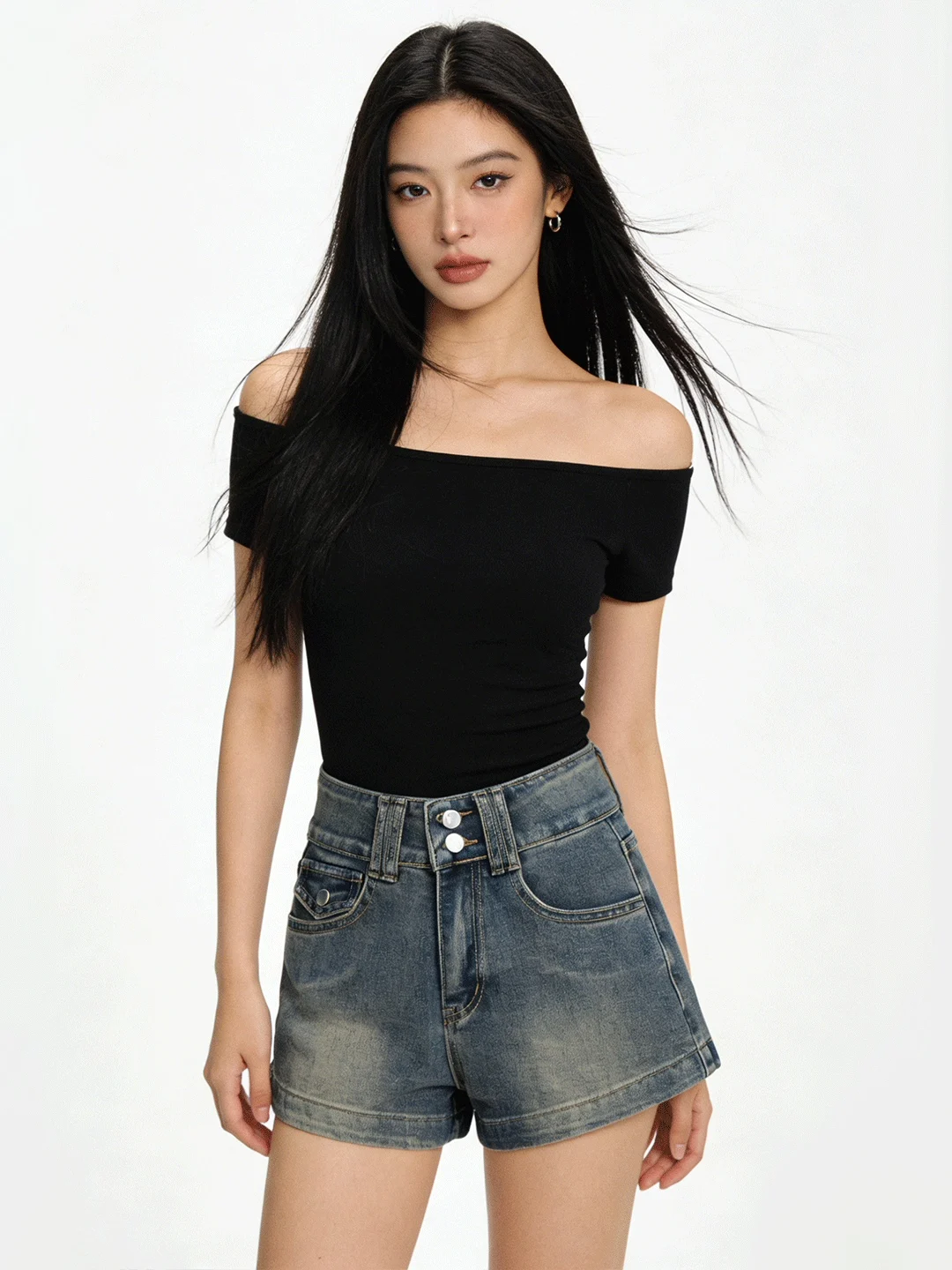 

High Waist Wide Leg Double Bule Retro Korean Sle Denim orts Spicy A-Line Hot Pants Spring Summer Ladies Casual Jeans