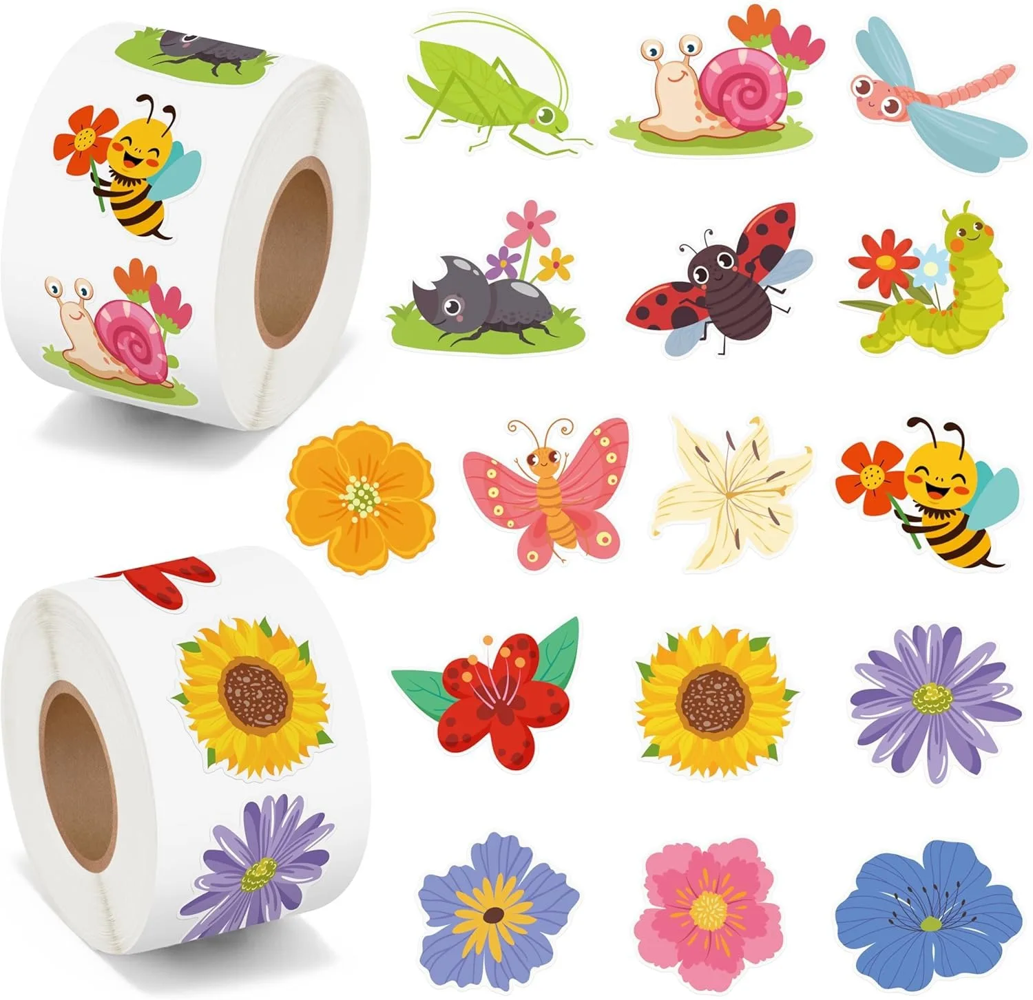  500 rollos de pegatinas de mariposas y flores, 16 diseños, decoraciones coloridas de insectos y plantas para niños, profesores y aulas