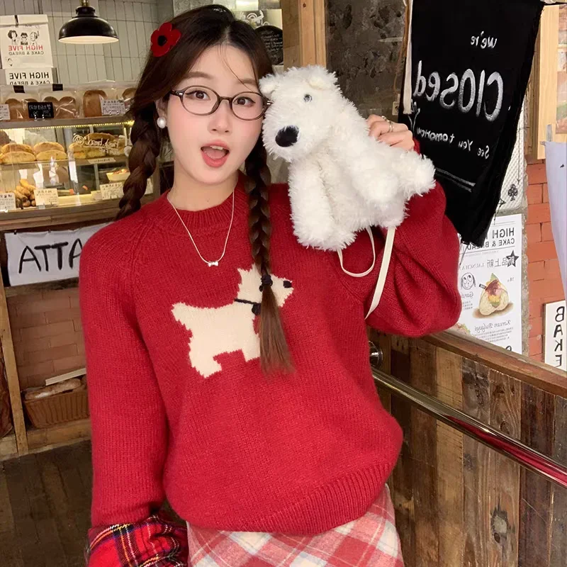 Korean Fashion Autumn Winter Round Neck Long Sleeved Pullover Lovely Puppy Sweater Women Tops Loose Casual Knitted Sweater
