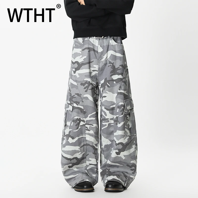 

WTHT Vintage Men's Camouflage Spliced Pockets Cargo Denim Pants Fashion High-waisted Wide Leg Jeans Male 2026 Spring 2A2796