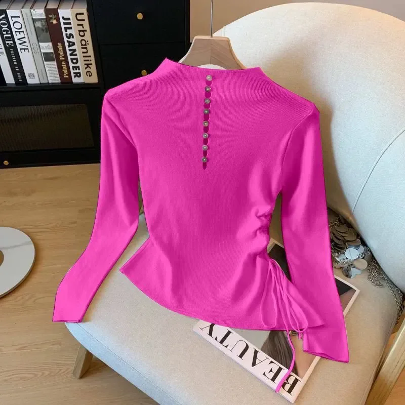 

Korean Waist-closed Drawstring Long-sleeved Knitted Base Shirt for Women's Autumn New Simple Versatile Top